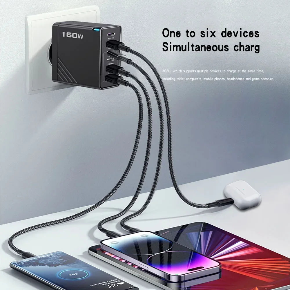 160W USB C Charger Type C PD Mobile Phone Quick Fast Charging Multiple 6 Ports PD Quick Wall Adapter for Iphone 16 Pro Xiaomi 15