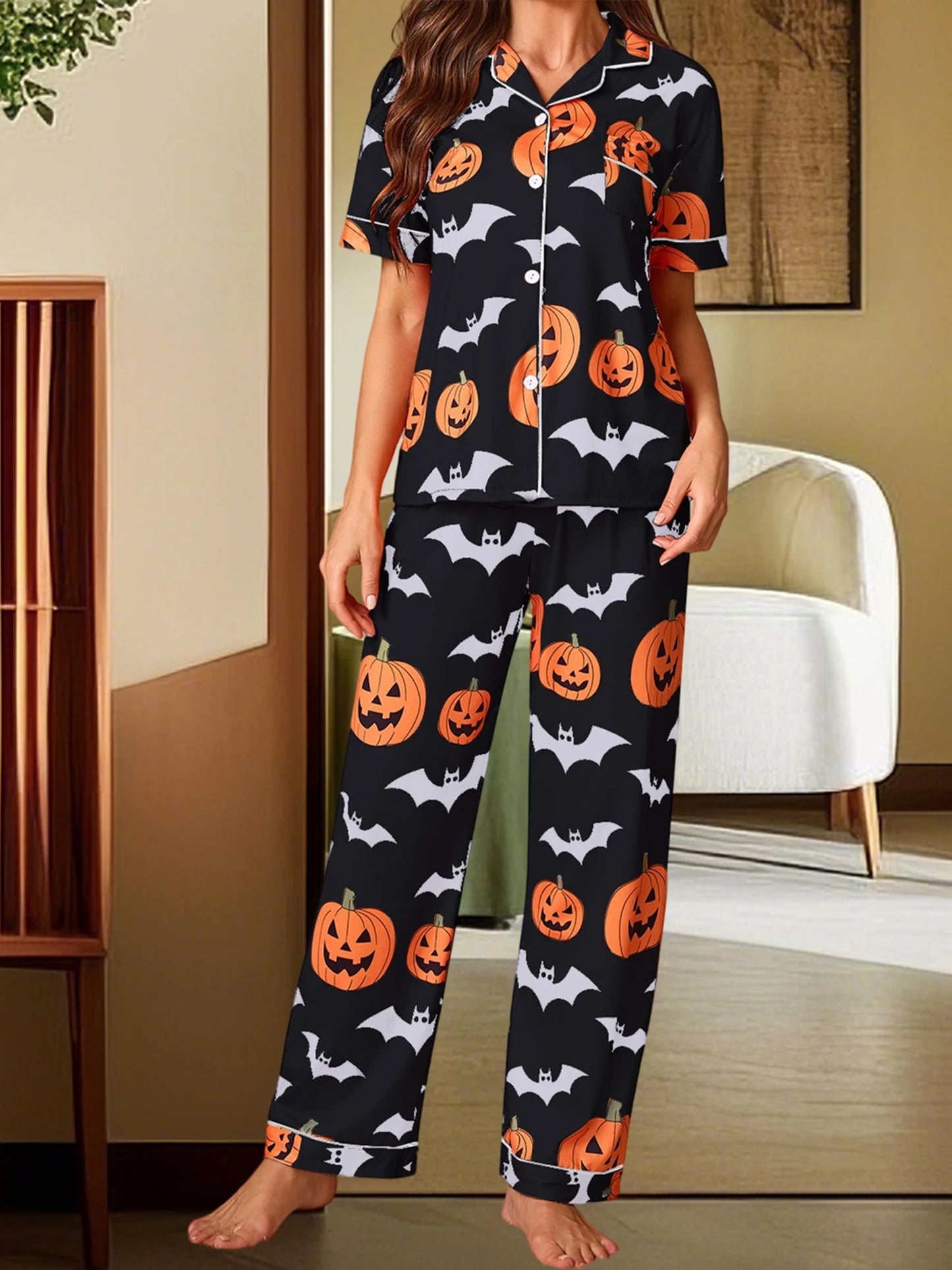 Women Halloween Pajama Set, Pumpkin Bat Print Short Sleeve Button Closure Shirt with Pants Sleepwear Loungewear