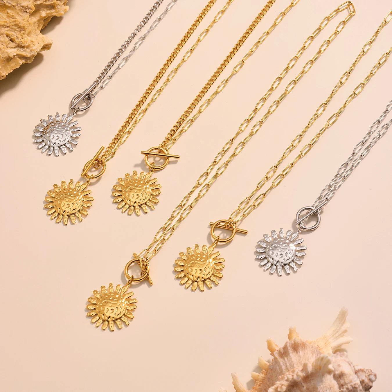 Gold Color Silver Sun Pendant Necklace for Women Luxury 18K Gold-Plated Stainless Steel 2 Chain Styles Women's Necklace Jewelry