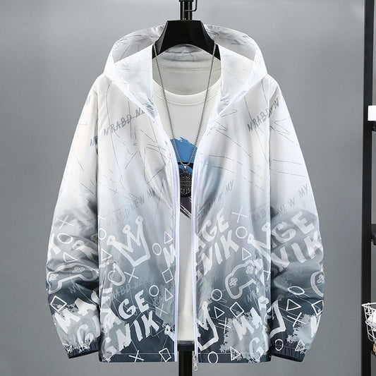 Summer Skin Coats Men Ultra Light UV Sun Protection Big Size Hooded Windbreaker Jacket Men printing Casual Outwear