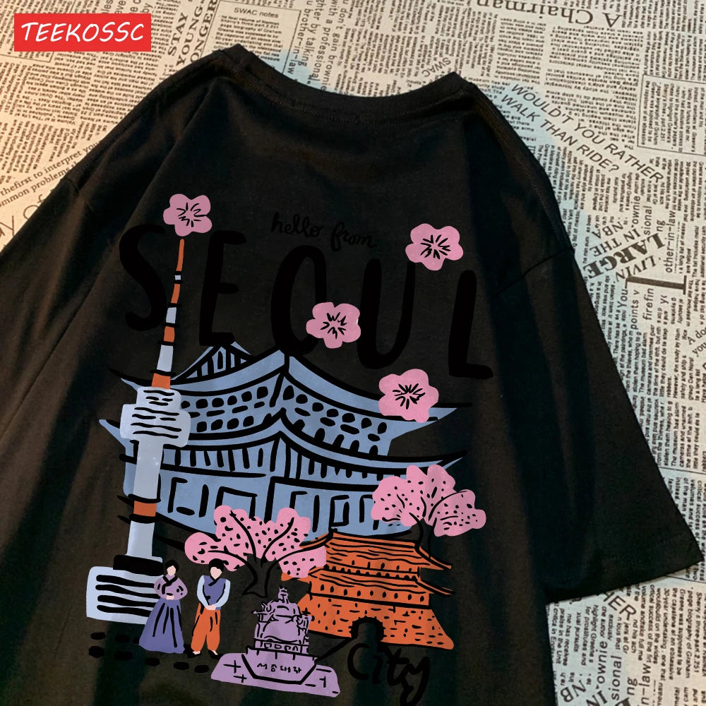 Casual Cotton Womens T-Shirts Seoul Beautiful Scenery Printed Short Sleeve O-Neck Breathable Oversize Fashion Female Clothes