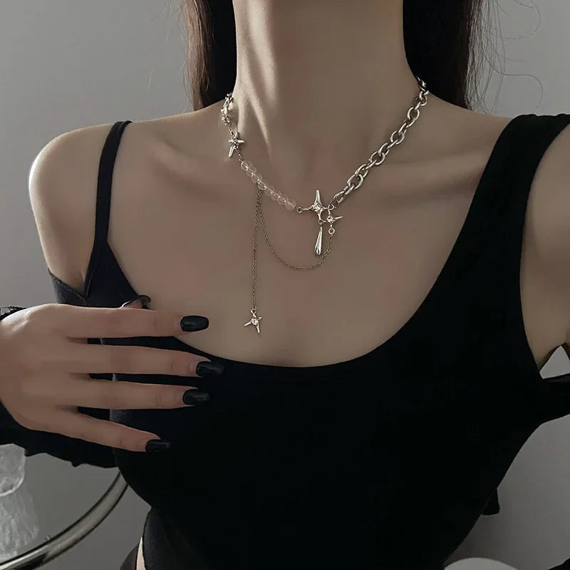 Silver Color Stars Water Drop Chains Transparent Beaded Pendant Necklaces for Women Personality Design Fashion Jewelry Wholesale