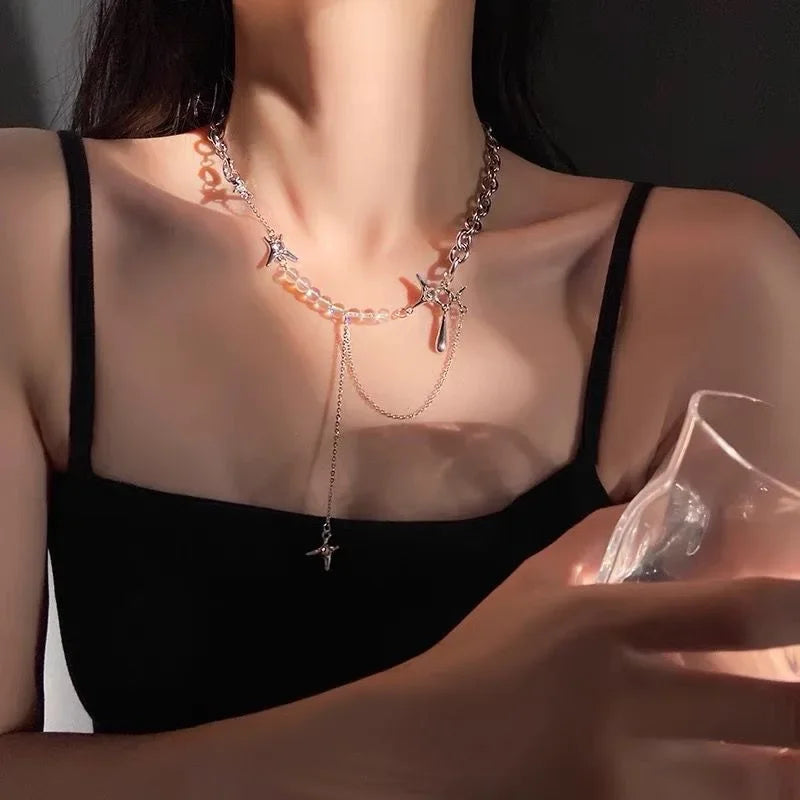 Silver Color Stars Water Drop Chains Transparent Beaded Pendant Necklaces for Women Personality Design Fashion Jewelry Wholesale