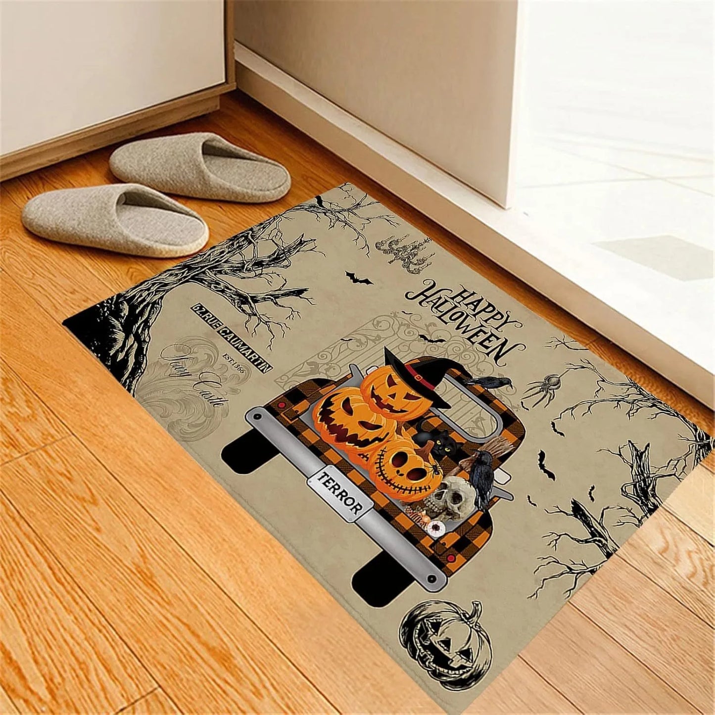 Halloween Pumpkin Bat Ghost Skeleton Thrilling Floor Mat  Entrance Foyer Bathroom Absorbent Foot Door Mat Horror Skeleton