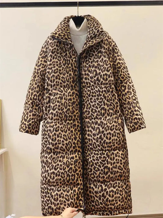 Winter Women's down jacket 2024 Trendy Simple Casual Stand Collar Zipper Large Size Cotton Padded Long Leopard Coat Outwear A236