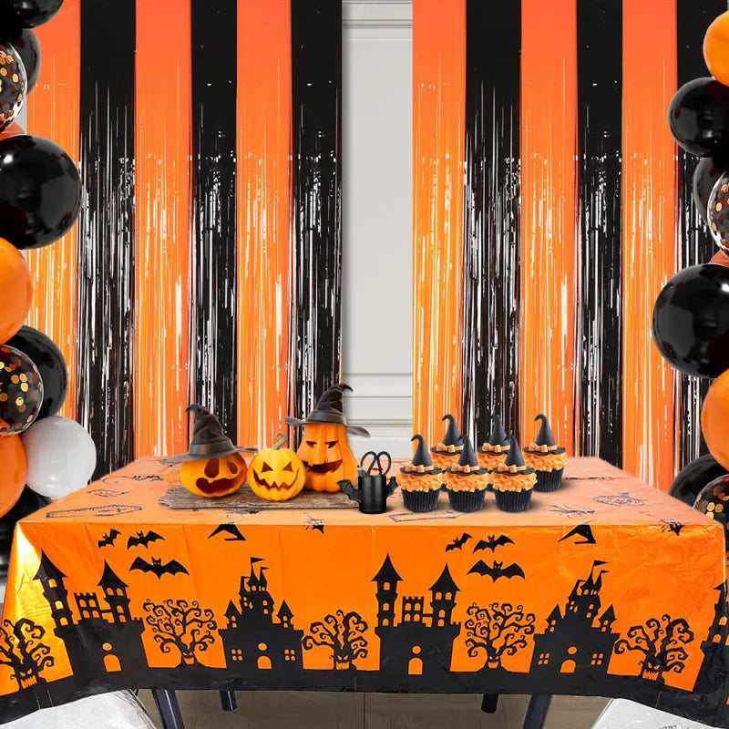 1Halloween Theme Spanish Blood Handprint Door Curtain Orange Black Rain Silk Curtain，Horror Atmosphere Props Party Decoration Do