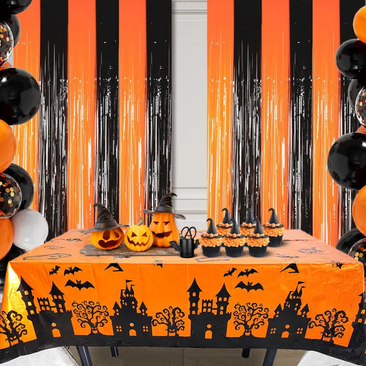 1Halloween Theme Spanish Blood Handprint Door Curtain Orange Black Rain Silk Curtain，Horror Atmosphere Props Party Decoration Do