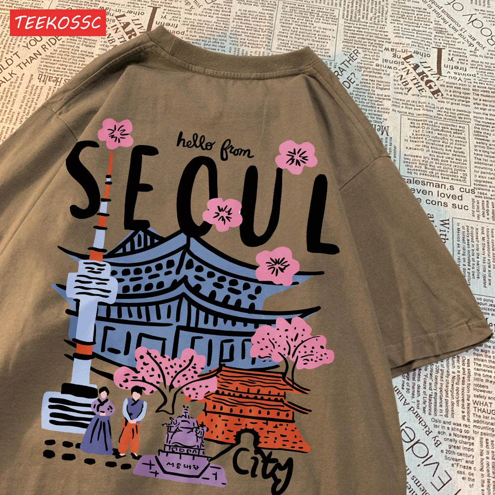 Casual Cotton Womens T-Shirts Seoul Beautiful Scenery Printed Short Sleeve O-Neck Breathable Oversize Fashion Female Clothes
