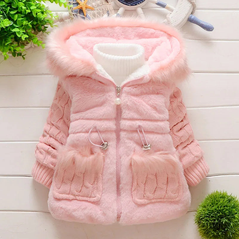 Girl's Winter Coat New Hooded Solid Color Warm and Windproof Two Pocket Wool Sweater for Children's Clothing Suitable for 0-4 Y