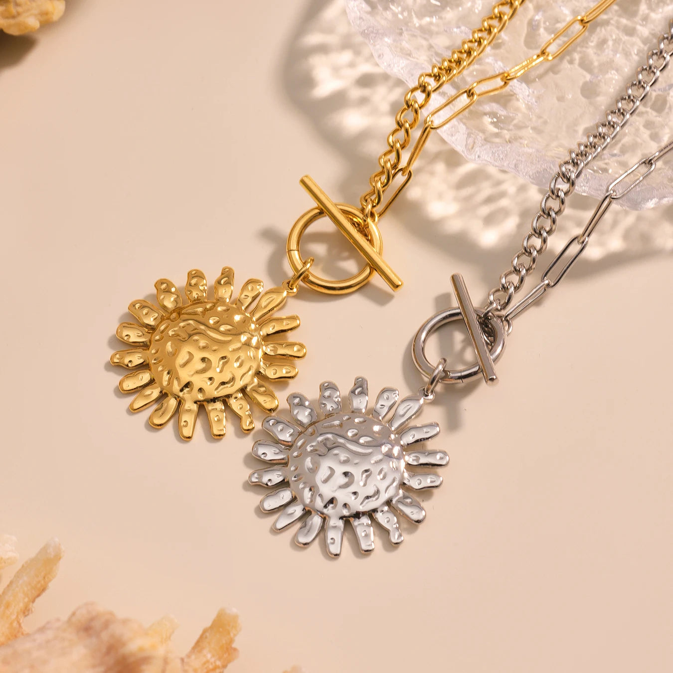 Gold Color Silver Sun Pendant Necklace for Women Luxury 18K Gold-Plated Stainless Steel 2 Chain Styles Women's Necklace Jewelry