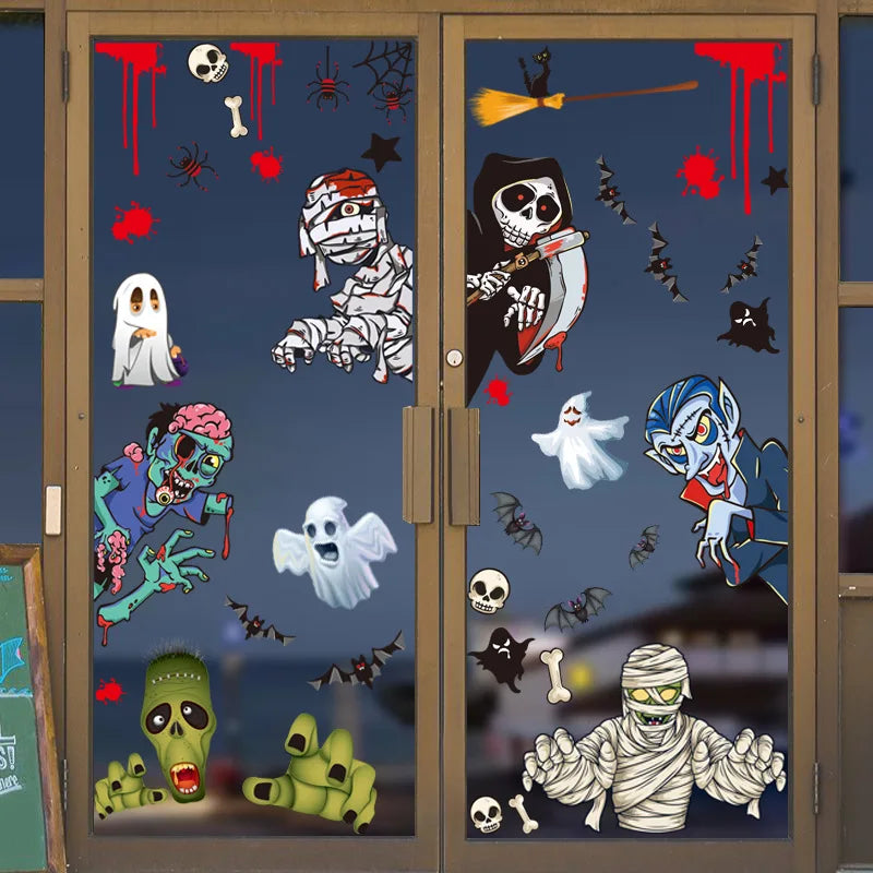 Halloween Glass Showcase Scene Decoration Ghost Zombies Pumpkin Spiders Electrostatic Window Stickers Halloween Party Decoration