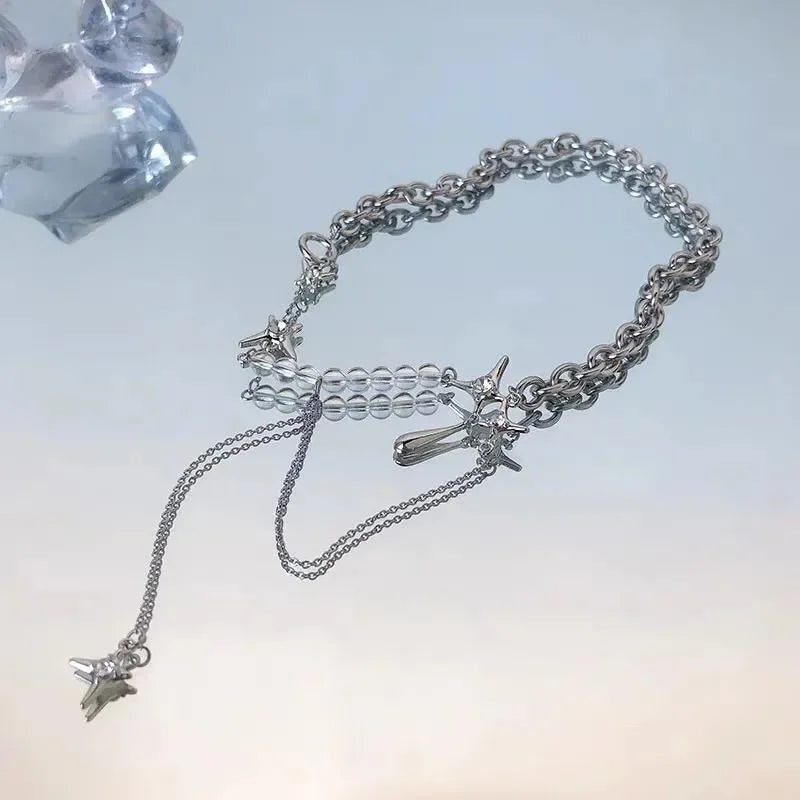 Silver Color Stars Water Drop Chains Transparent Beaded Pendant Necklaces for Women Personality Design Fashion Jewelry Wholesale