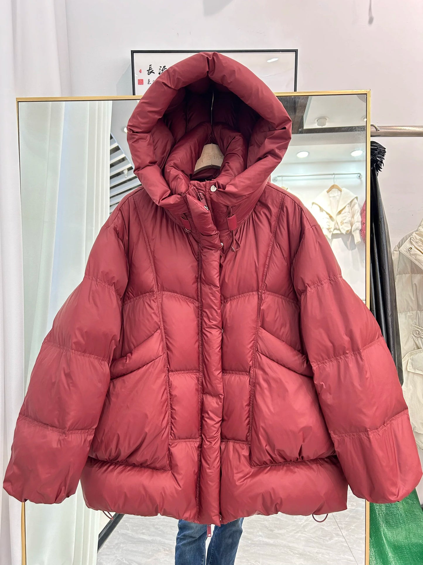 Janveny 2025 New Winter Thickened Puffer Down Jacket Women Warm Hooded Medium Length Loose Solid Color 90% White Duck Down Coat