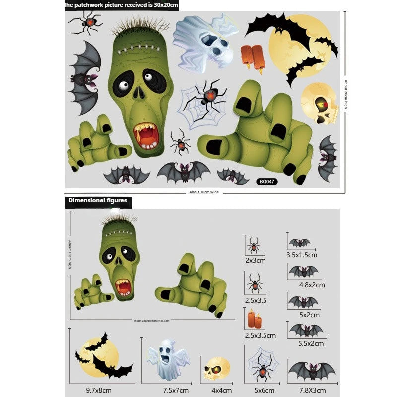 Halloween Glass Showcase Scene Decoration Ghost Zombies Pumpkin Spiders Electrostatic Window Stickers Halloween Party Decoration
