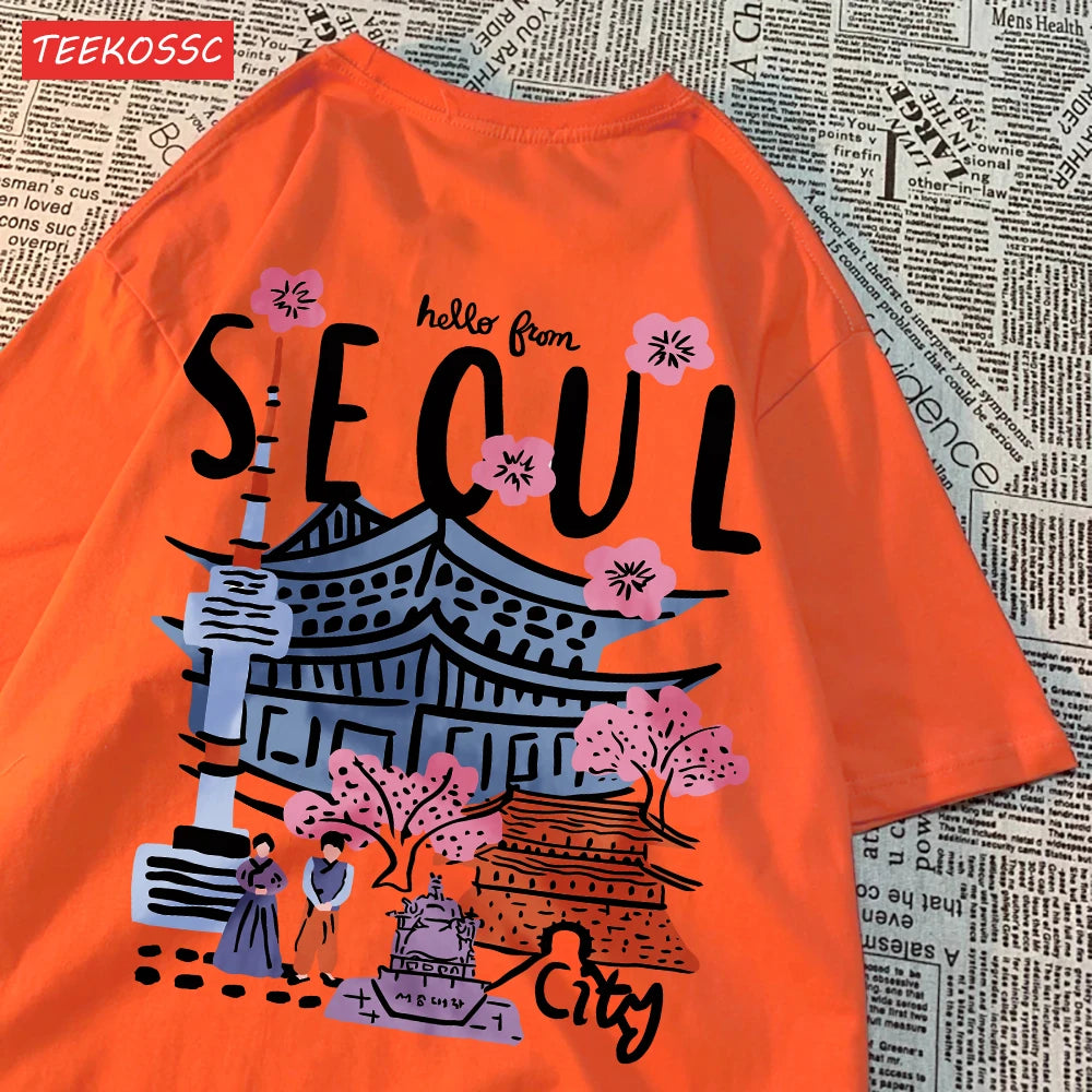Casual Cotton Womens T-Shirts Seoul Beautiful Scenery Printed Short Sleeve O-Neck Breathable Oversize Fashion Female Clothes
