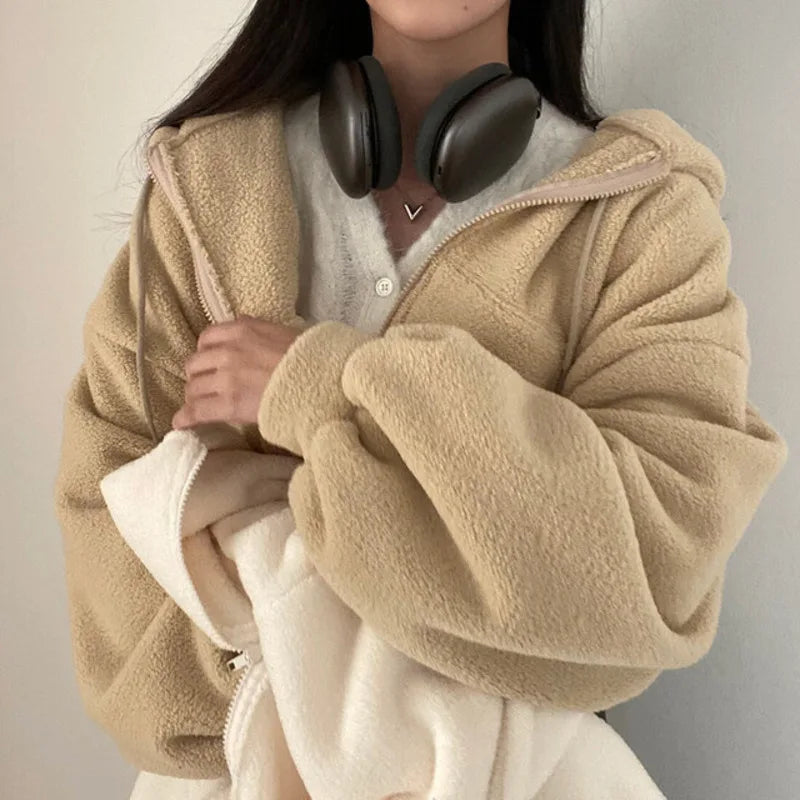 Solid Lamb Wool Thick Sweatshirts Outerwear Y2k Short Zip-Up Hooded Sweatshirt Women Fleece Sudaderas Casual High Waist Hoodies
