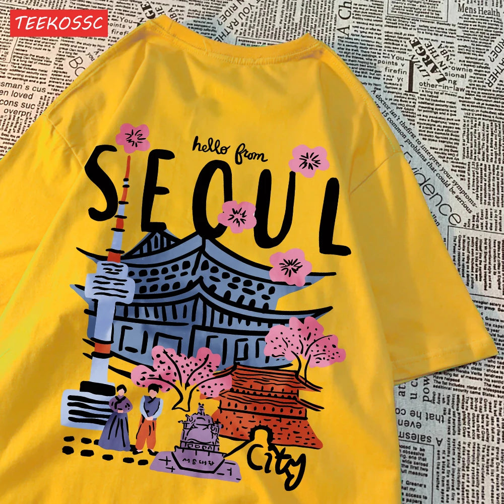 Casual Cotton Womens T-Shirts Seoul Beautiful Scenery Printed Short Sleeve O-Neck Breathable Oversize Fashion Female Clothes