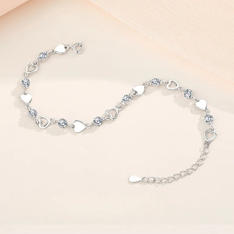 925 Sterling Silver Hollow Heart Zircon Bracelets For Women Korean Sweet Sparkling Adjustable Chain Bracelet Fashion Jewelry