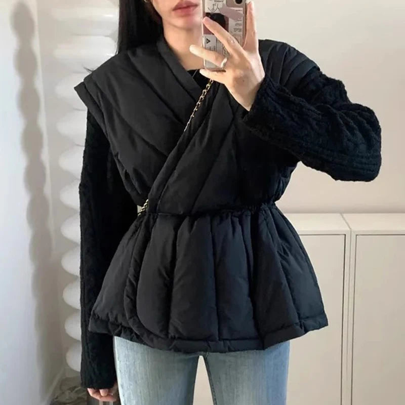 Korean Style Cross V-neck Drawstring Sleeveless Cotton Jacket for Women Solid Color Autumn Winter Vest Padded Coat Female