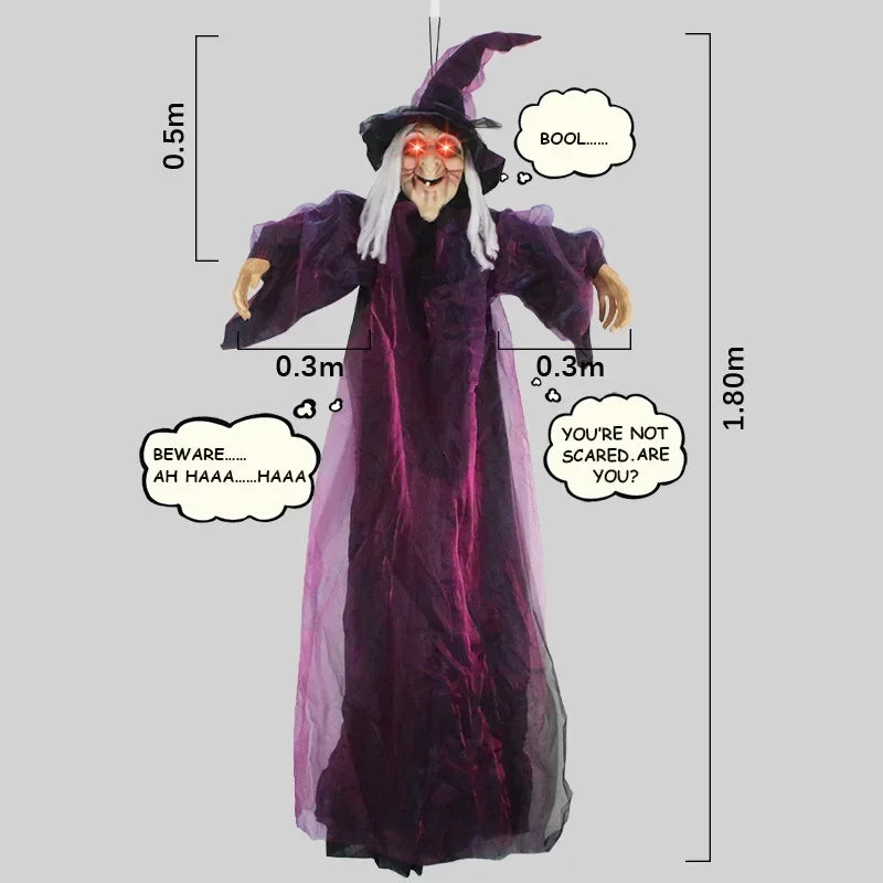 Halloween Life Size Talking Witch Outdoor Purple Spooky Animatronic Witch Decor Prop Halloween Decoration Red Eye Animated Witch