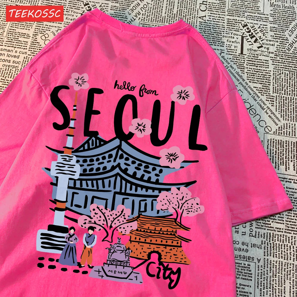 Casual Cotton Womens T-Shirts Seoul Beautiful Scenery Printed Short Sleeve O-Neck Breathable Oversize Fashion Female Clothes