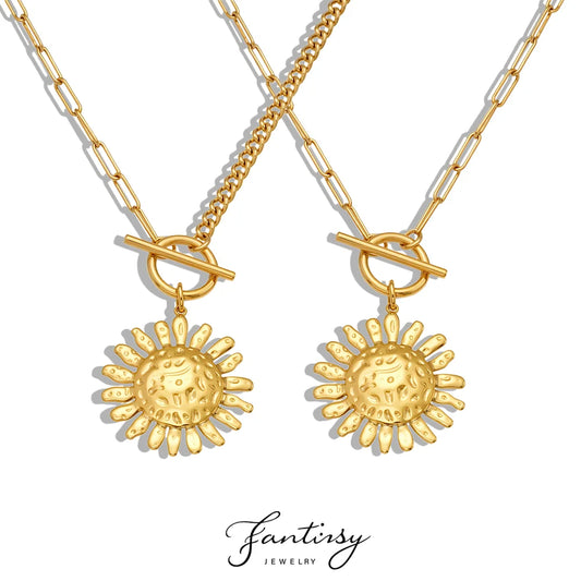 Gold Color Silver Sun Pendant Necklace for Women Luxury 18K Gold-Plated Stainless Steel 2 Chain Styles Women's Necklace Jewelry