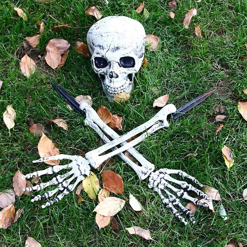 Halloween Realistic Skull Skeleton Head Human Hand Arms for Halloween Party Home Garden Lawn Decor Haunted House Horror Props