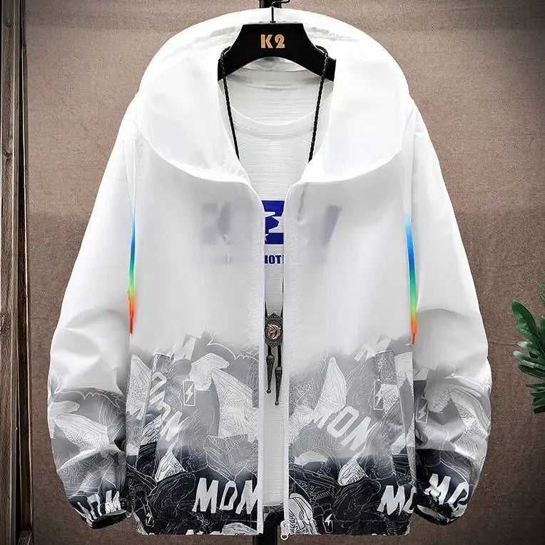 Summer Skin Coats Men Ultra Light UV Sun Protection Big Size Hooded Windbreaker Jacket Men printing Casual Outwear