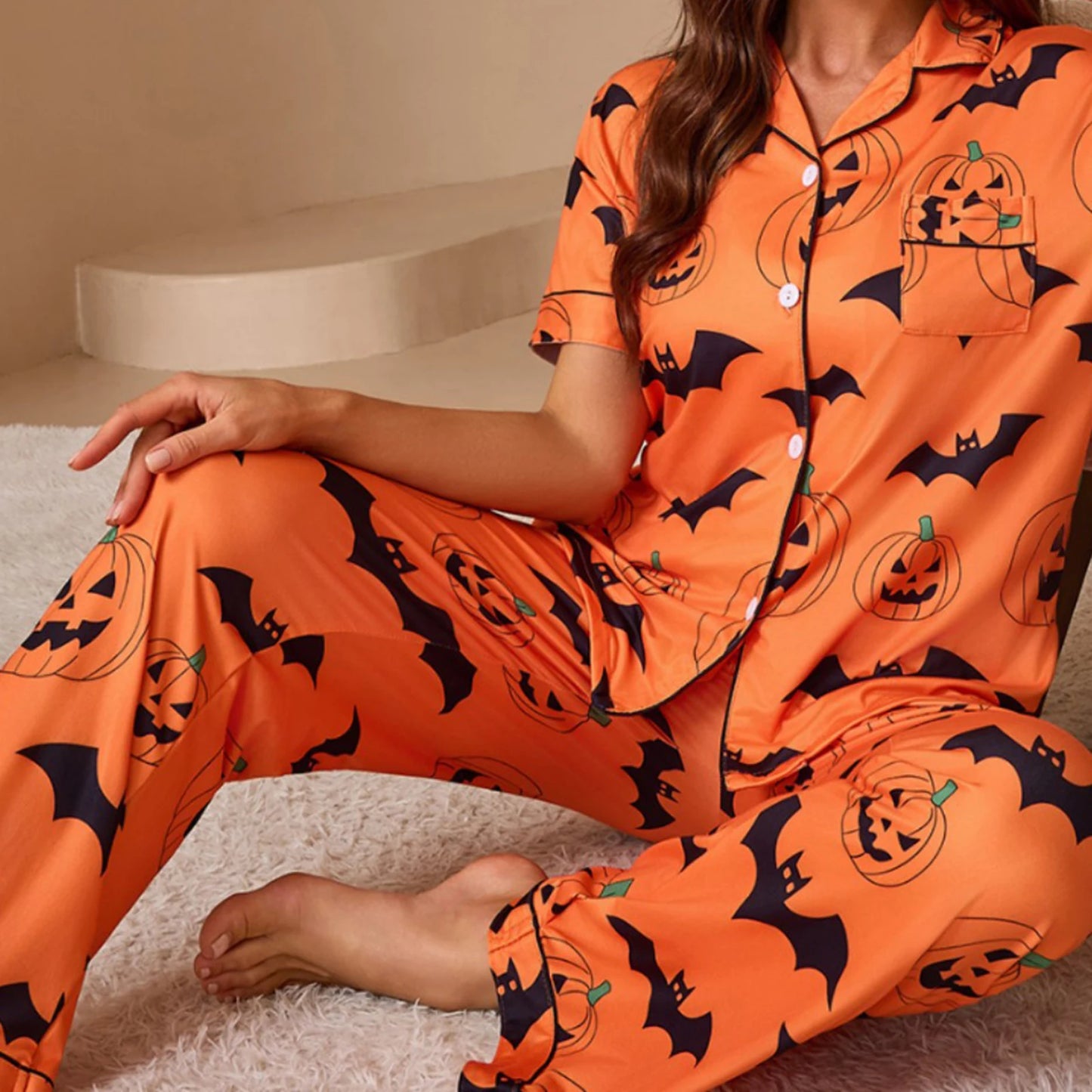 Women Halloween Pajama Set, Pumpkin Bat Print Short Sleeve Button Closure Shirt with Pants Sleepwear Loungewear