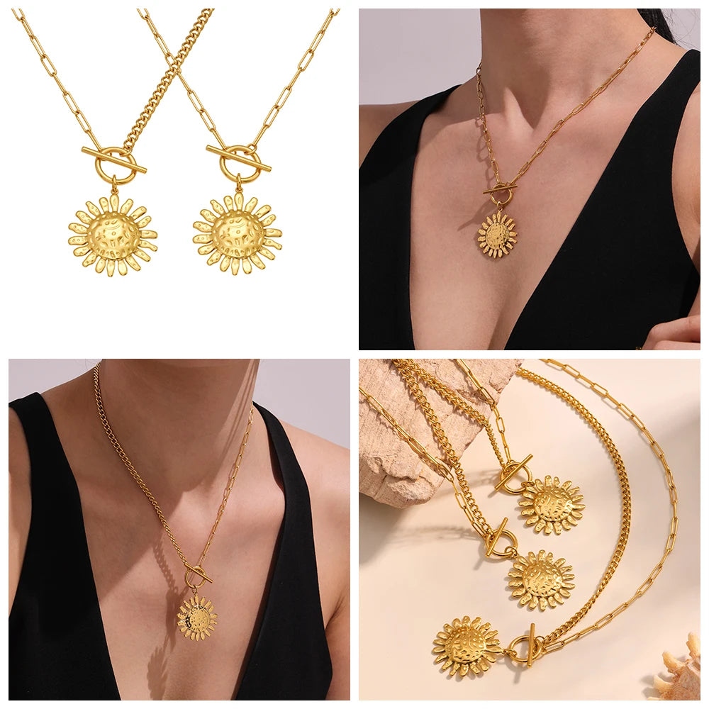 Gold Color Silver Sun Pendant Necklace for Women Luxury 18K Gold-Plated Stainless Steel 2 Chain Styles Women's Necklace Jewelry