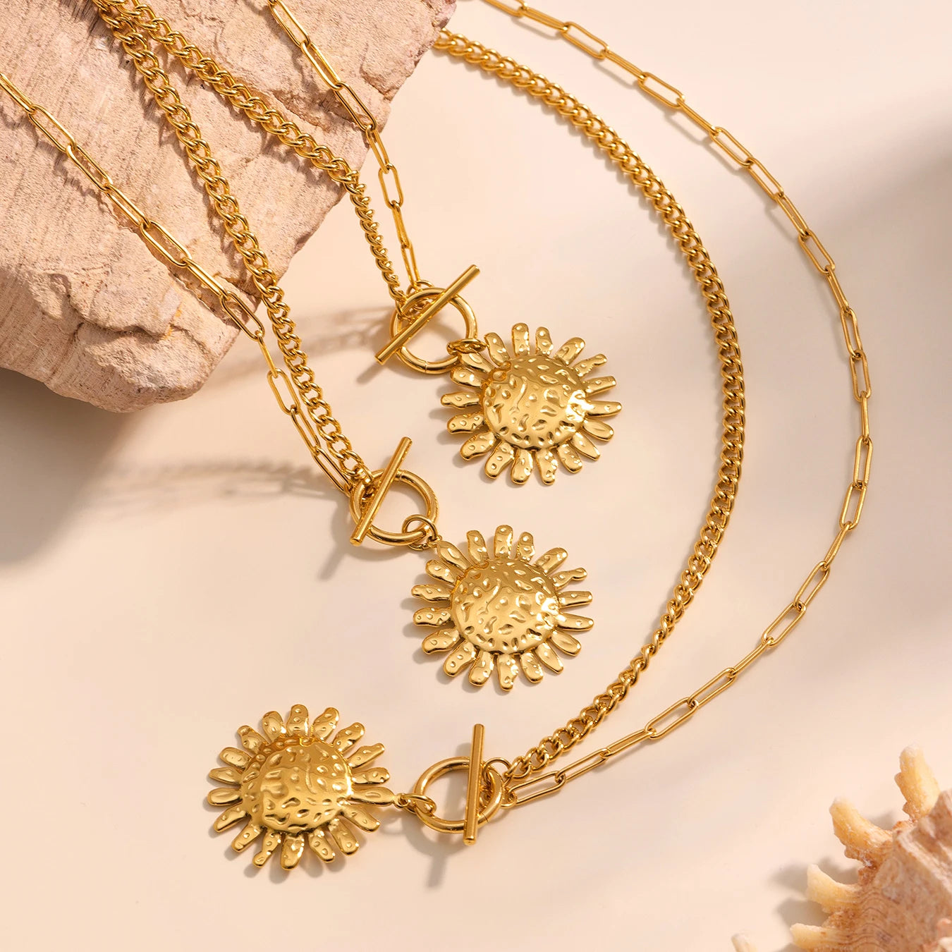 Gold Color Silver Sun Pendant Necklace for Women Luxury 18K Gold-Plated Stainless Steel 2 Chain Styles Women's Necklace Jewelry