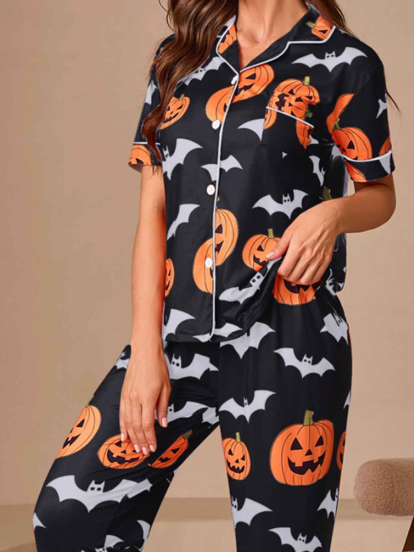 Women Halloween Pajama Set, Pumpkin Bat Print Short Sleeve Button Closure Shirt with Pants Sleepwear Loungewear