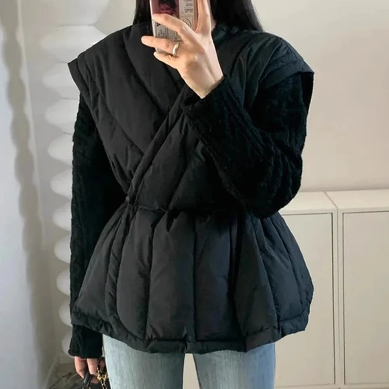 Korean Style Cross V-neck Drawstring Sleeveless Cotton Jacket for Women Solid Color Autumn Winter Vest Padded Coat Female