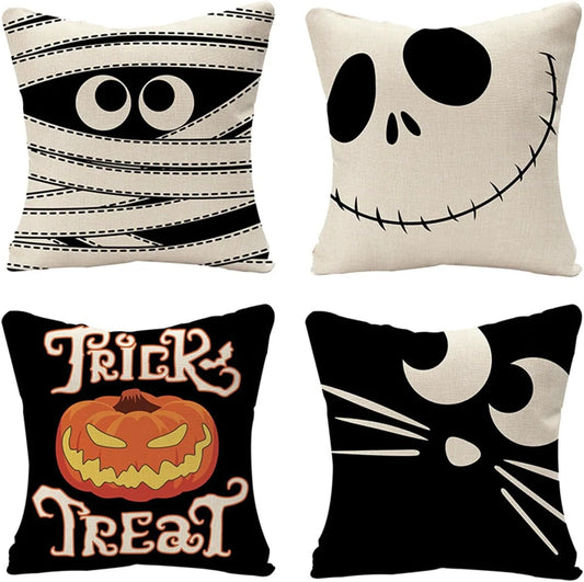Spooky Halloween Pillows: Mummy, Skull, Trick or Treat, and Cat Eyes Designs! Sofa cushion cover, holiday party decoration, gift