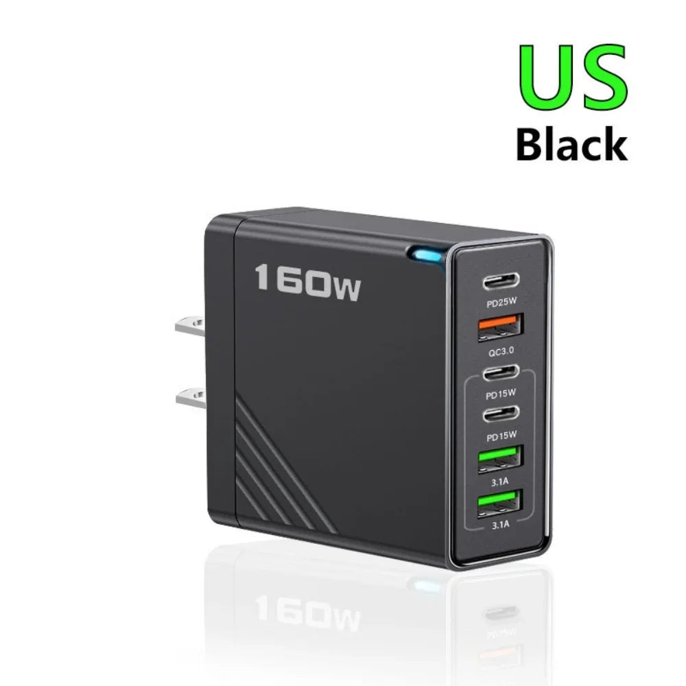 160W USB C Charger Type C PD Mobile Phone Quick Fast Charging Multiple 6 Ports PD Quick Wall Adapter for Iphone 16 Pro Xiaomi 15