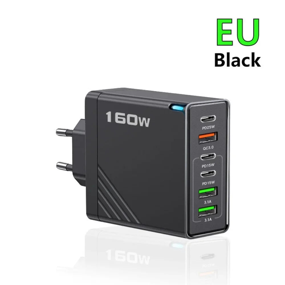 160W USB C Charger Type C PD Mobile Phone Quick Fast Charging Multiple 6 Ports PD Quick Wall Adapter for Iphone 16 Pro Xiaomi 15