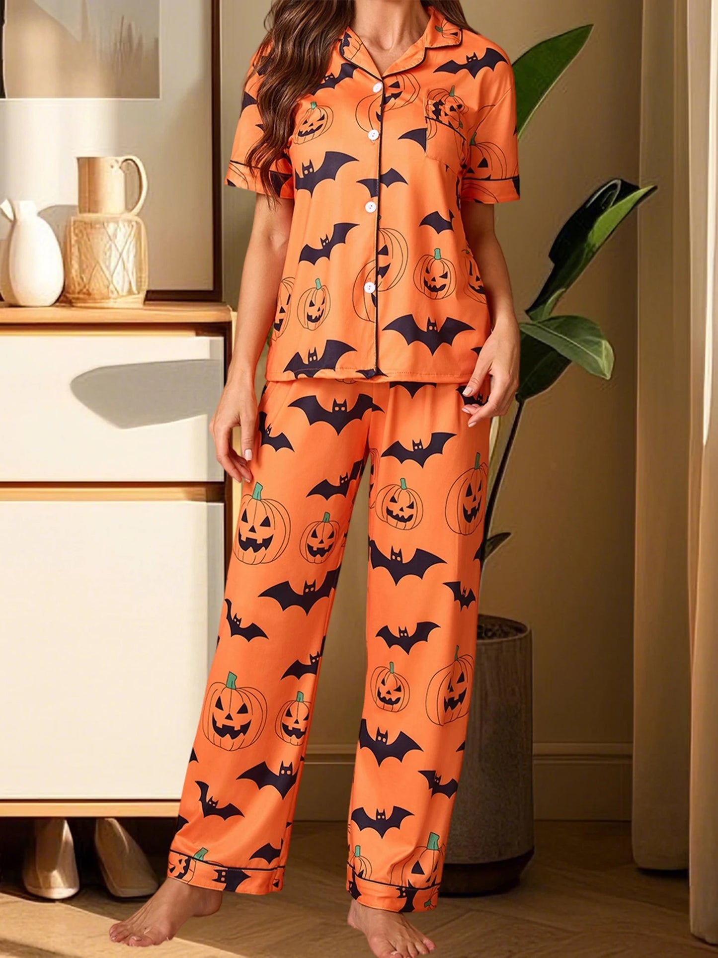 Women Halloween Pajama Set, Pumpkin Bat Print Short Sleeve Button Closure Shirt with Pants Sleepwear Loungewear
