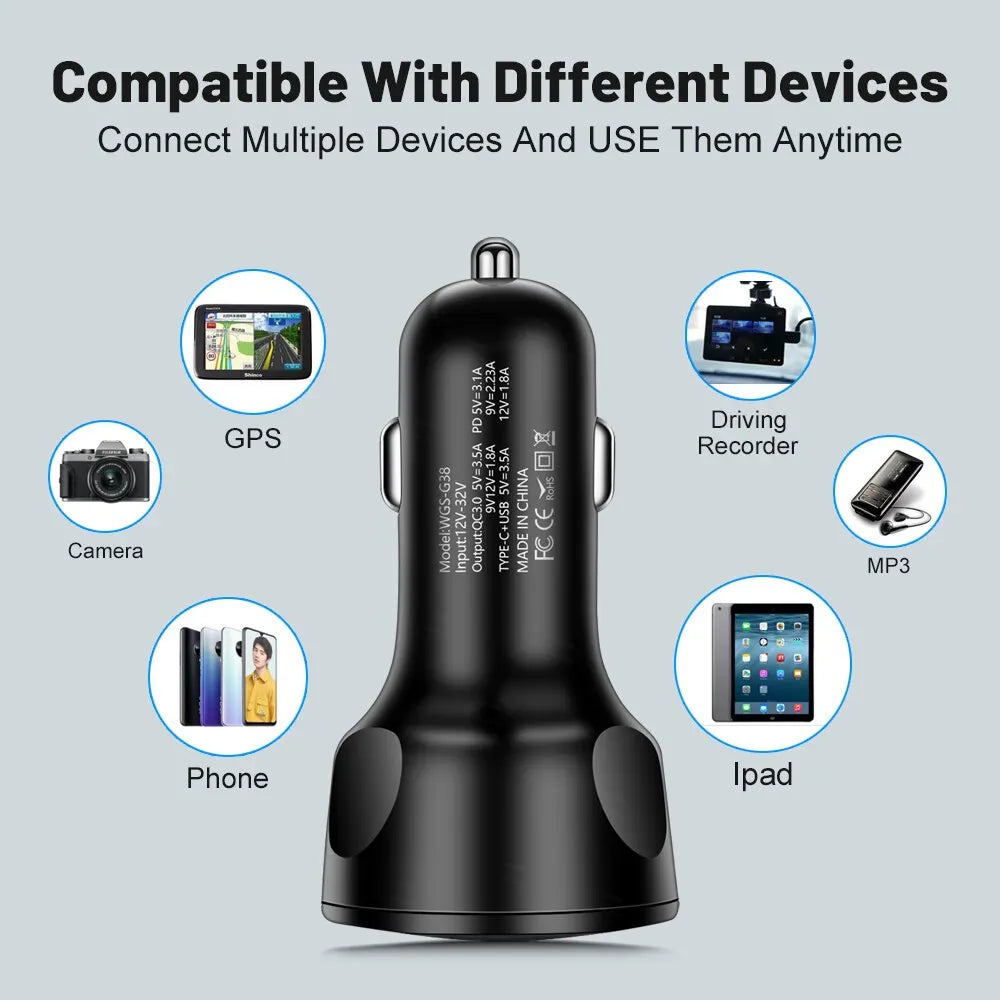 66W 4 Ports USB Car Charger Fast Charging PD Quick Charge 3.0 USB