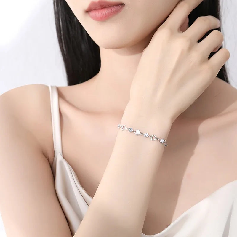 925 Sterling Silver Hollow Heart Zircon Bracelets For Women Korean Sweet Sparkling Adjustable Chain Bracelet Fashion Jewelry