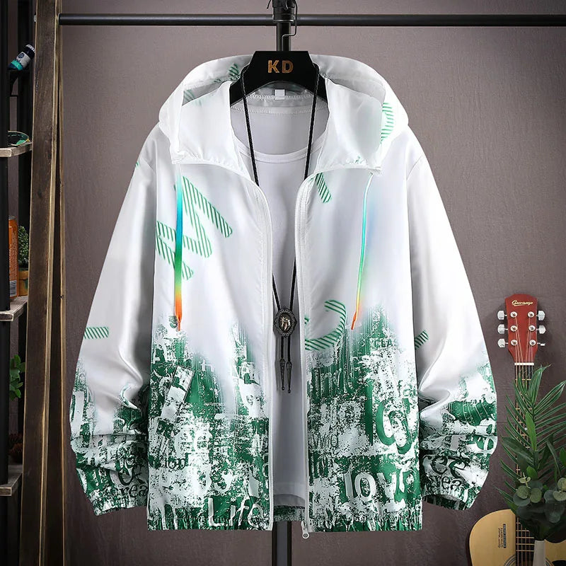 Summer Skin Coats Men Ultra Light UV Sun Protection Big Size Hooded Windbreaker Jacket Men printing Casual Outwear