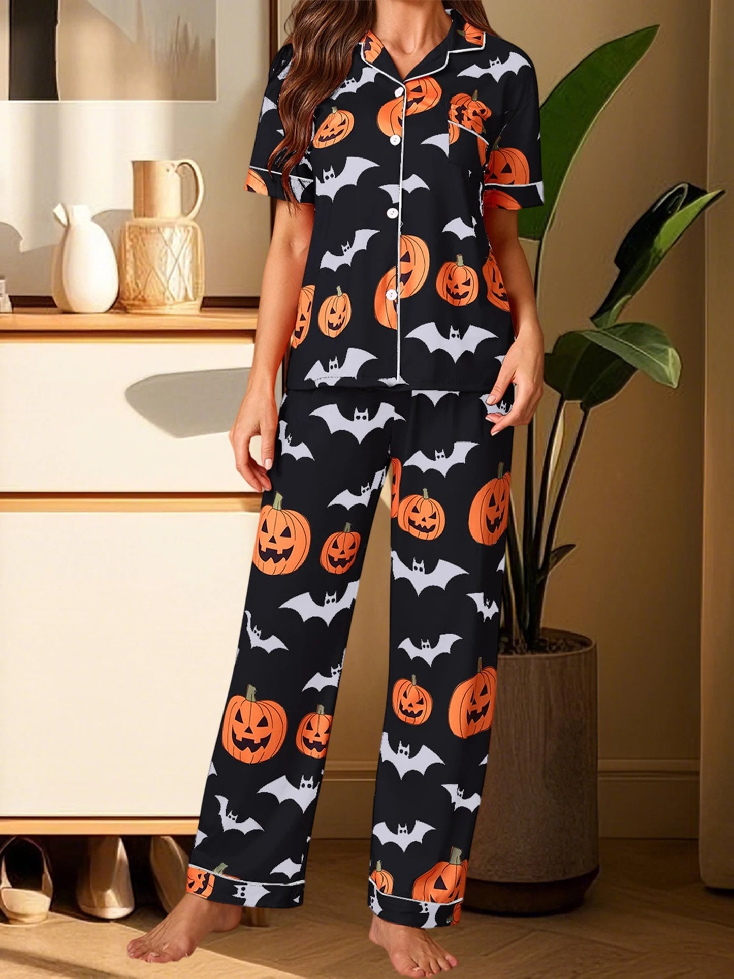 Women Halloween Pajama Set, Pumpkin Bat Print Short Sleeve Button Closure Shirt with Pants Sleepwear Loungewear