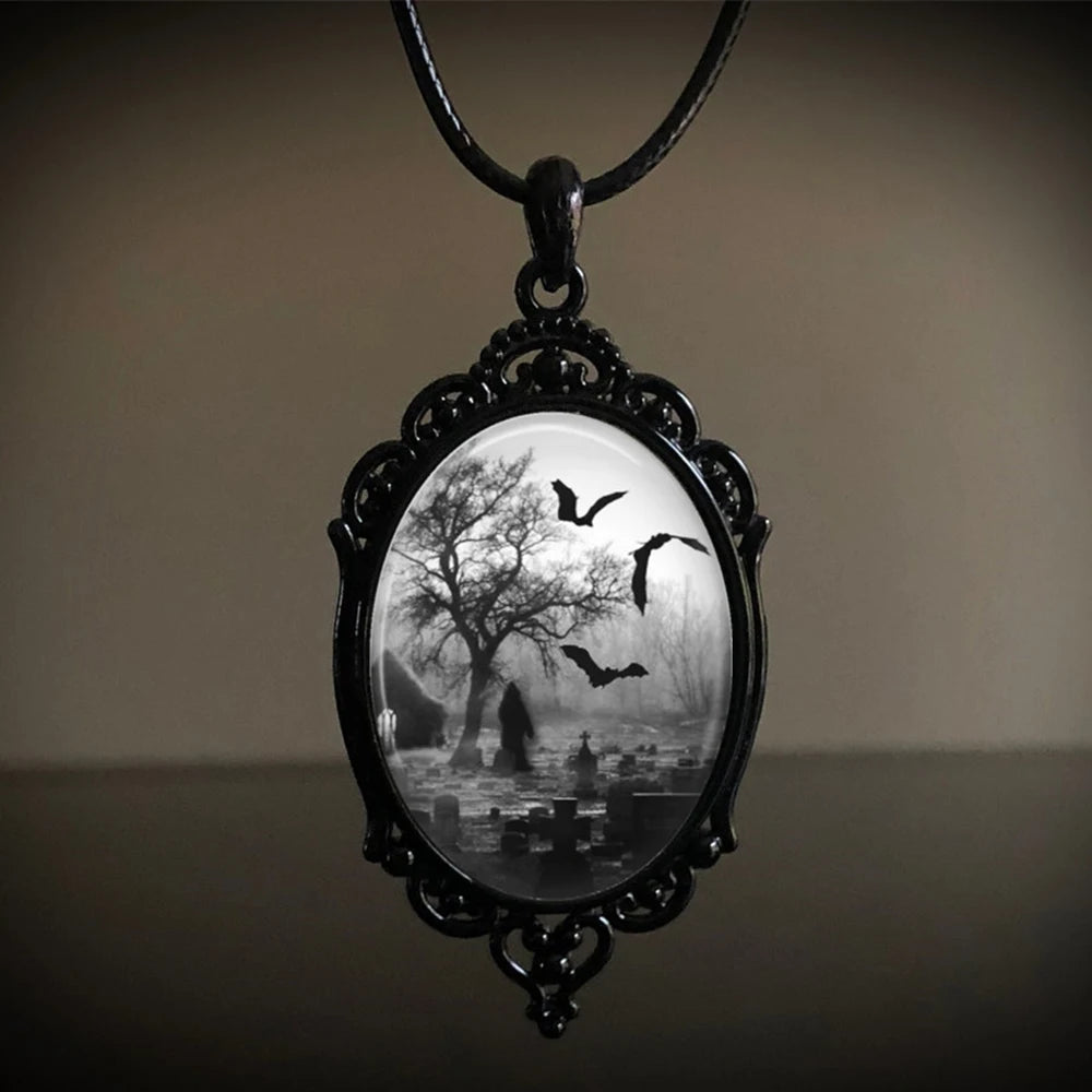 Gothic Crow Forest Charm Necklace Gloomy Castle Pendant Mystic Witch Jewelry Accessories Car Rope Chain Halloween Gift