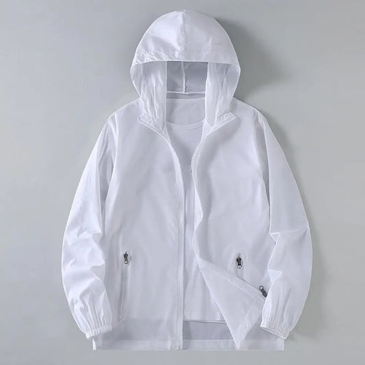 Summer Men Sun Protection Coat Anti-UV Hooded Long Sleeve Zipper Placket Men Jacket Solid Color Pockets Ice Silk Male Sun Coat