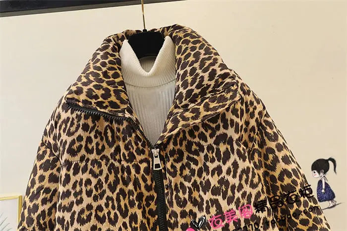 Winter Women's down jacket 2024 Trendy Simple Casual Stand Collar Zipper Large Size Cotton Padded Long Leopard Coat Outwear A236