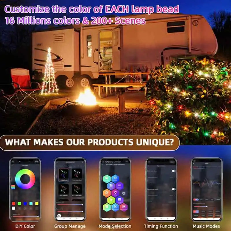 WS2812B Bluetooth LED String Lights USB 5V Dreamcolor RGBIC Addressable Party Christmas Lights Wedding Decoration Fairy Garland
