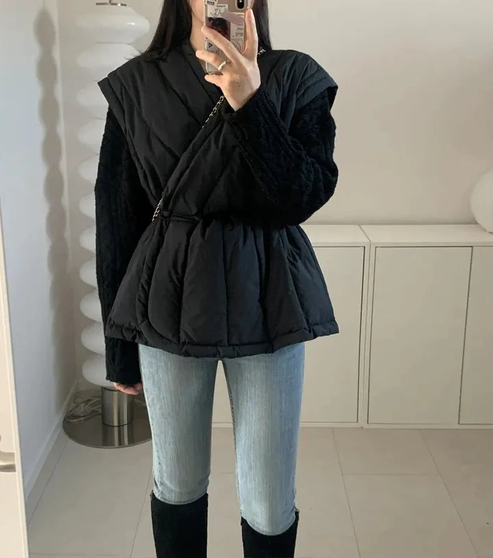 Korean Style Cross V-neck Drawstring Sleeveless Cotton Jacket for Women Solid Color Autumn Winter Vest Padded Coat Female