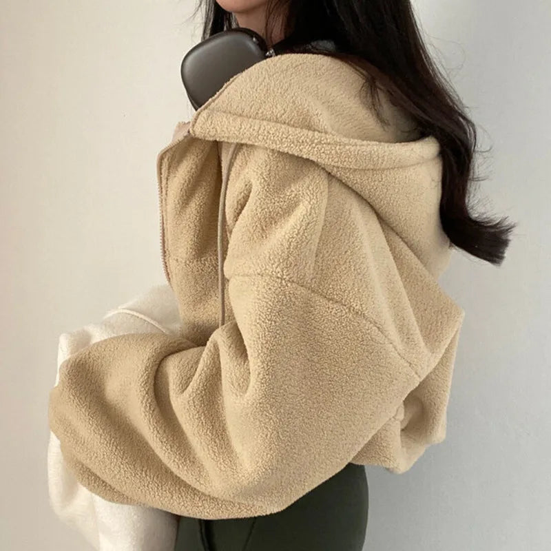 Solid Lamb Wool Thick Sweatshirts Outerwear Y2k Short Zip-Up Hooded Sweatshirt Women Fleece Sudaderas Casual High Waist Hoodies