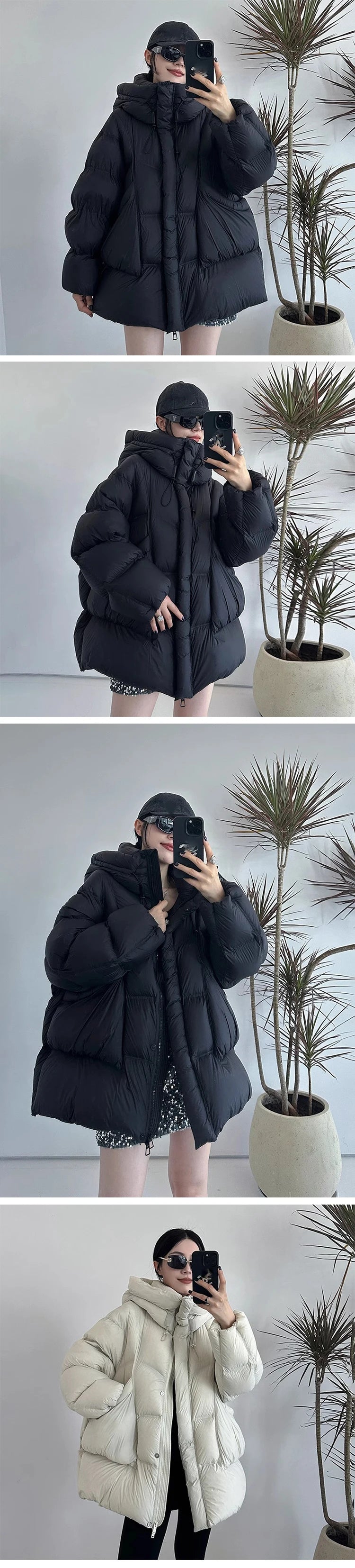 Janveny 2025 New Winter Thickened Puffer Down Jacket Women Warm Hooded Medium Length Loose Solid Color 90% White Duck Down Coat