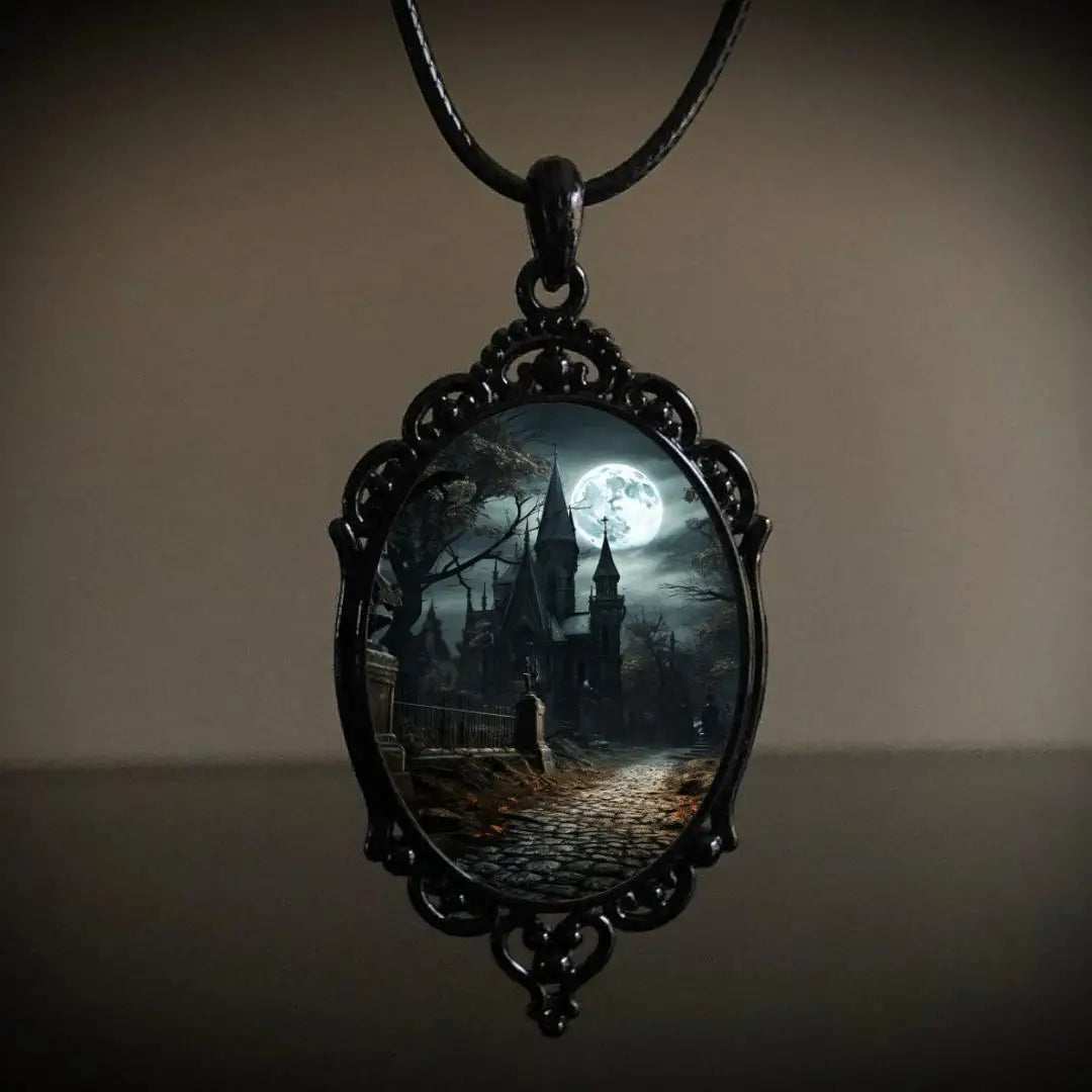 Gothic Crow Forest Charm Necklace Gloomy Castle Pendant Mystic Witch Jewelry Accessories Car Rope Chain Halloween Gift