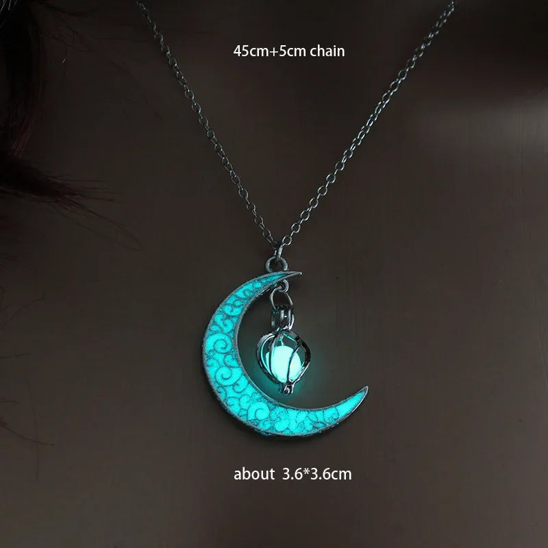 Night Fluorescence Novel Luminous Glowing Hollow Cage Moon Star Planet Pendant Glow In The Dark Necklace for Halloween Gift